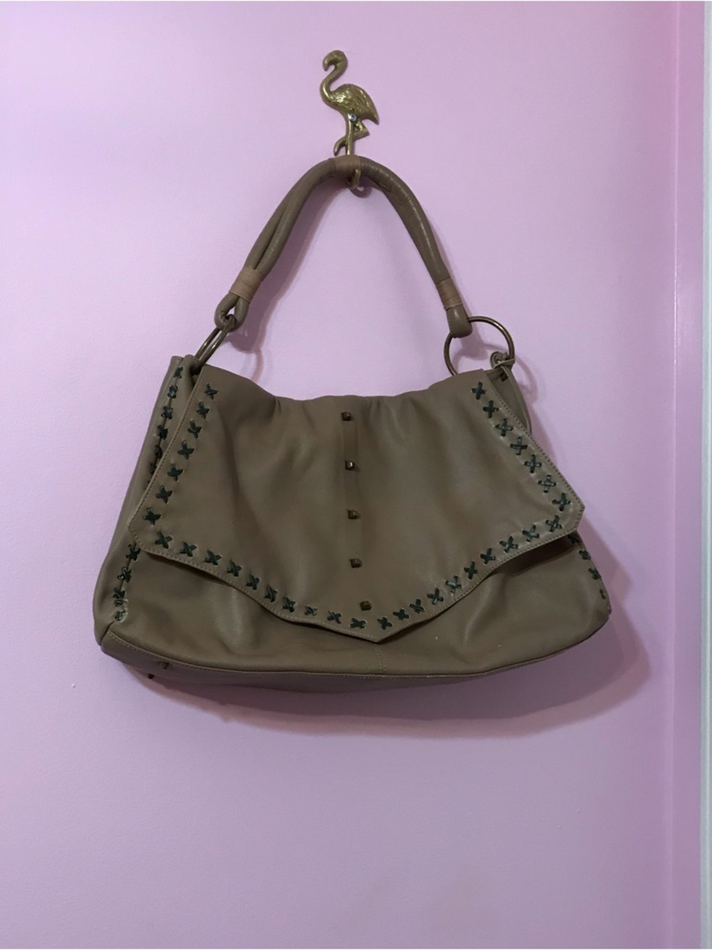 Ditomo Large Tan genuine Leather studded Satchel made in Spain
